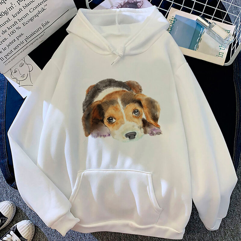 Beagle hoodie Jepang lengan panjang wanita, pakaian lucu atasan lengan panjang untuk perempuan