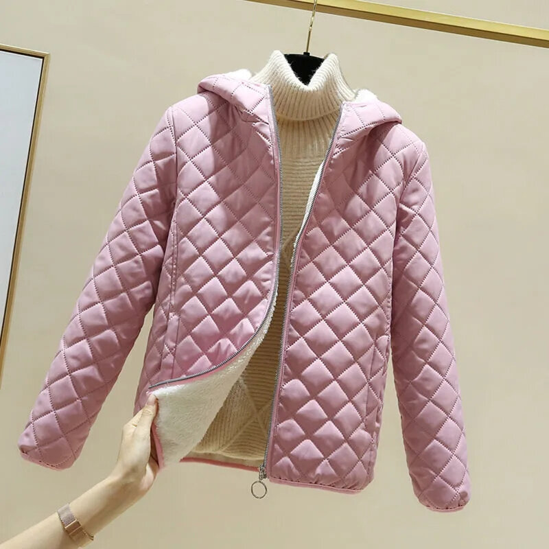 New Fashion Versatile Simple Plush Thickened Hooded Cotton Coat Women's Dress Slim Small Cotton Coat Lamb Fleece Coat Cotton Coa