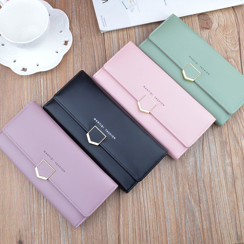 女性用ロングマルチカードバックル財布、ソフトファッションバッグ、シンプルなクラッチ、3つ折り、新しい
