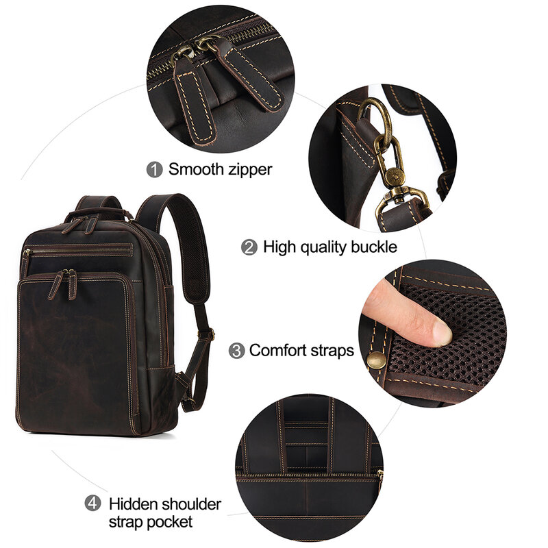 Sac à dos en cuir véritable pour homme, sac pour ordinateur portable 15.6 ", grande capacité, sac à dos scolaire et d'affaires, sac à dos de voyage vintage