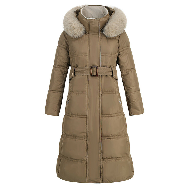 Женская тонкая пуховая куртка на хлопковой подкладке, меховой воротник, контрастное пальто, длинное теплое пальто, новая мода, зима, 2023 г.