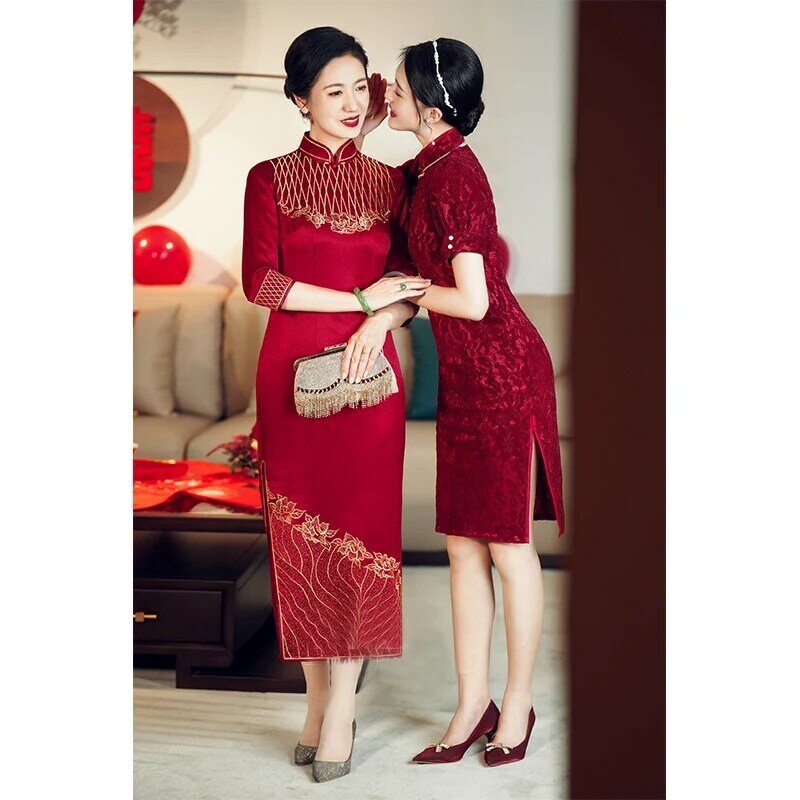 2022 bordado vermelho chinês mãe banquete de casamento cheongsam manga longa outono festa de noivado casamento banquete vestido