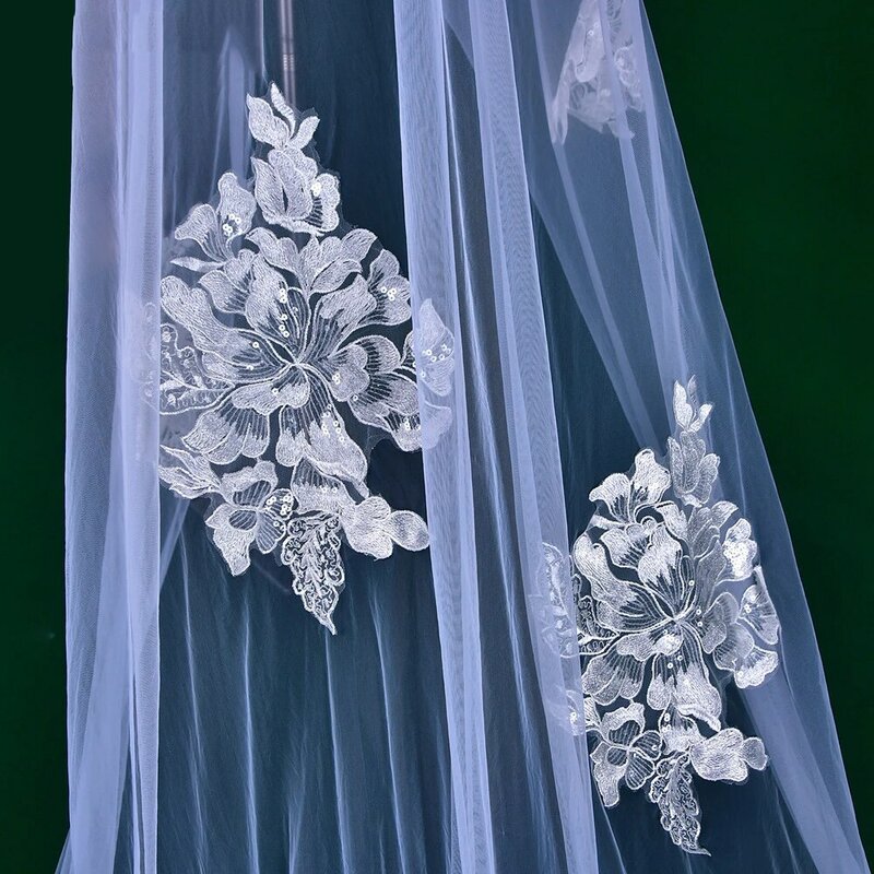 花の刺繍パッチが付いた長い結婚式のベール、花嫁の頭飾り、長さ3 m、bl4063