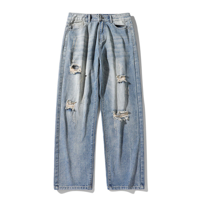 Pantalones vaqueros rasgados Vintage para hombre, Jeans sueltos rectos, informales, a la moda, Harajuku