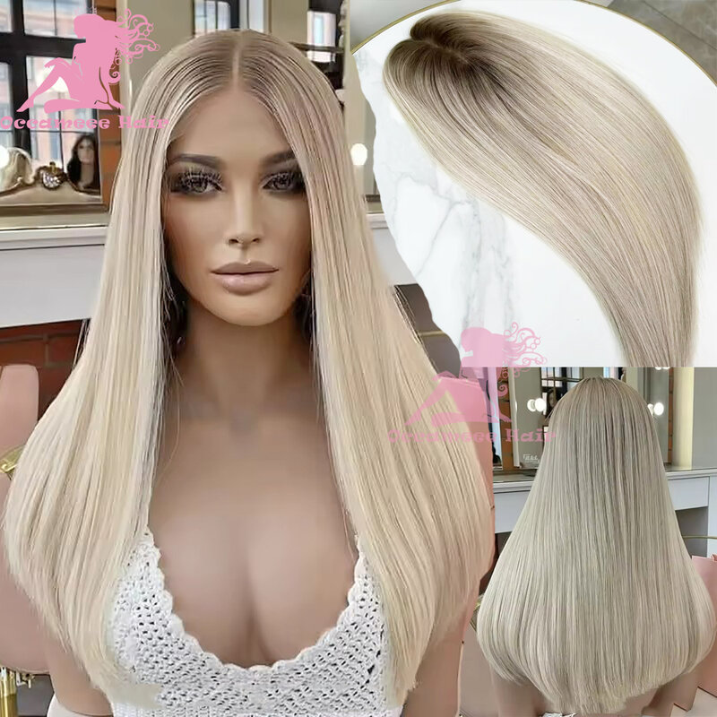Leimlose asch blonde volle Spitze perücken menschliches Haar braune Wurzeln 360 Spitze frontale Perücken für Frauen gerade brasilia nisches remy Haar trans parer