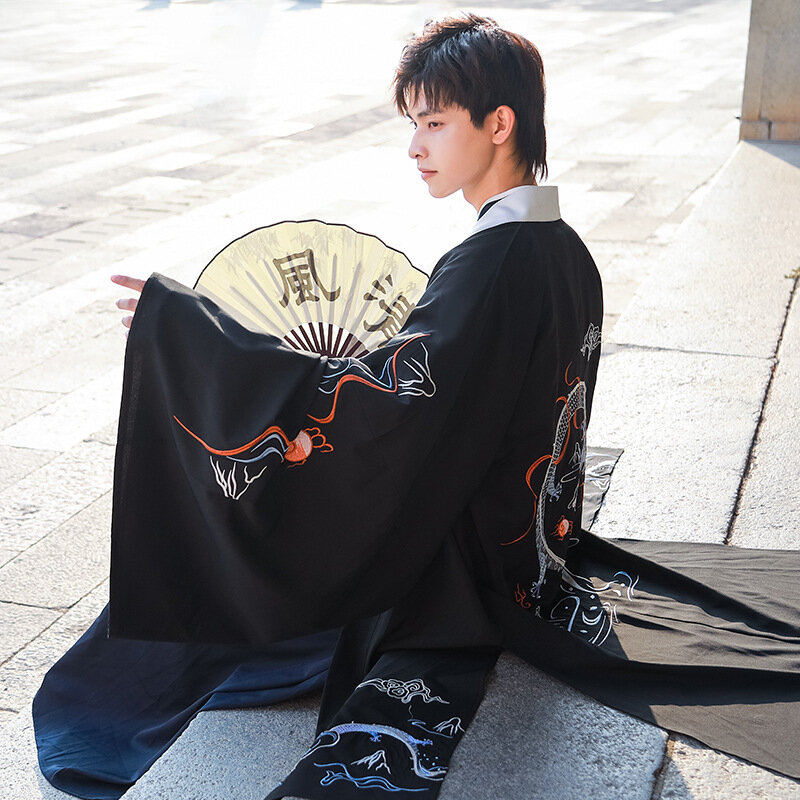 드래곤 패턴 사무라이 기모노 세트, 하라주쿠 레트로 남성 전통 의상 세트, 중국 한푸 공연