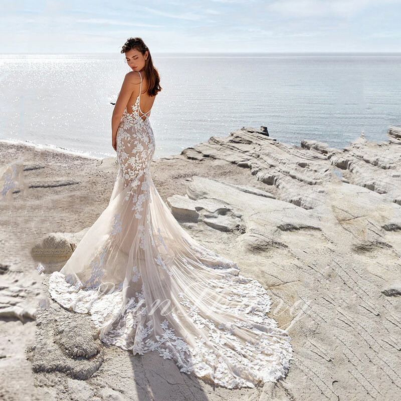 YunShang vestido de novia de sirena de playa para mujer, Apliques de encaje con tirantes finos, tren de barrido sin espalda, vestidos de novia hechos a medida