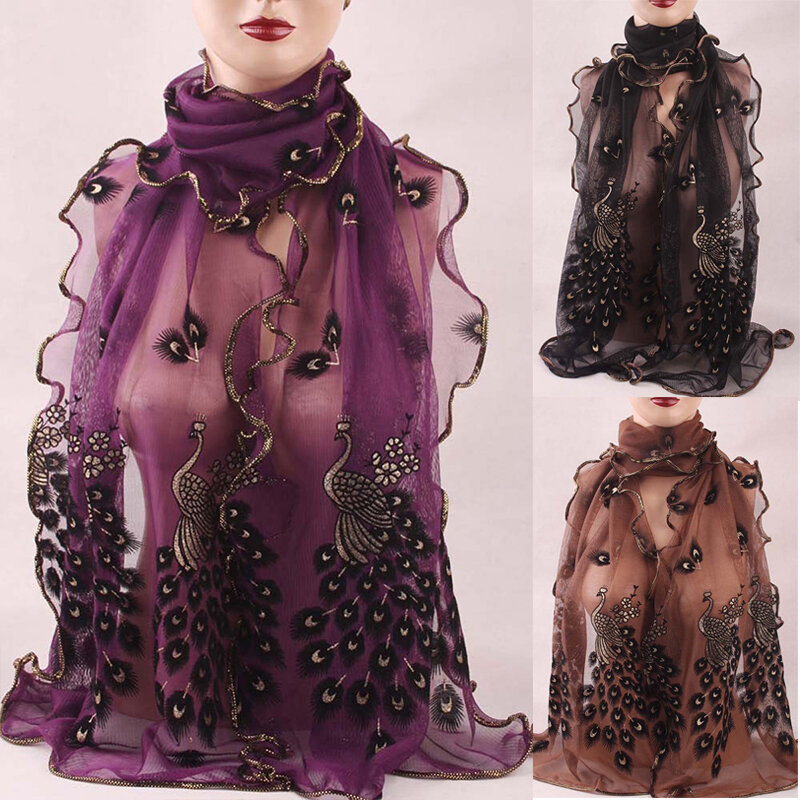 Bufandas de seda para mujer, chal de 190x40CM, estola de pavo real, bufanda larga transparente, envoltura suave de gasa, 1 piezas