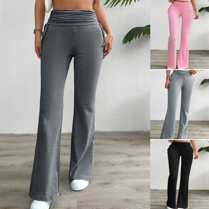 YEAE Slim Pleated Micro-large Pants Solid Color Stretch Flared Pants Wide-legged Pants Elastic Waist Fitness Yoga Sweatpants New