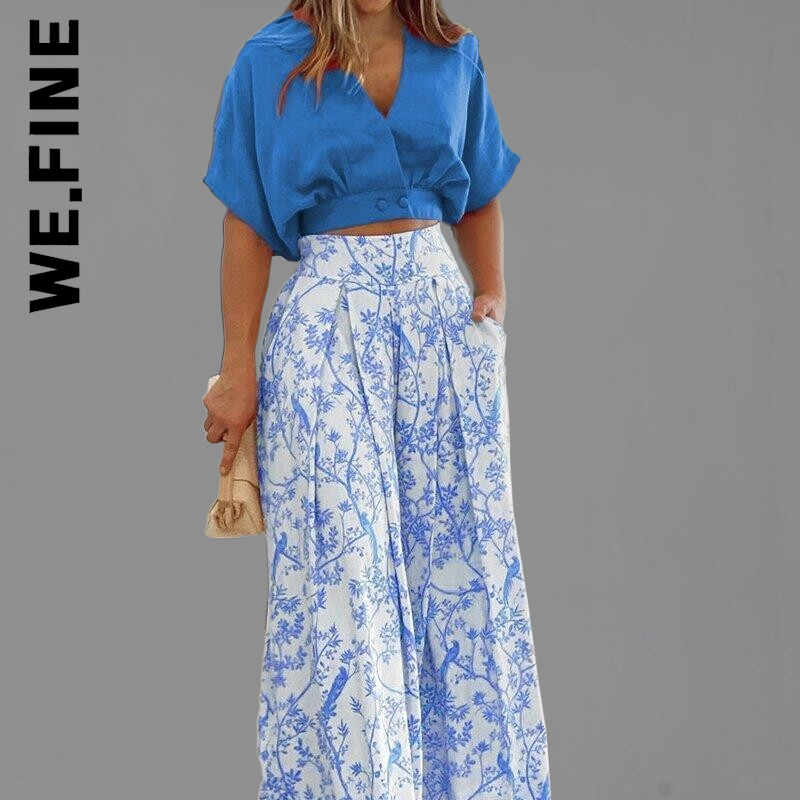 We.Fine 2022 Summer Womens Elgant Floral Print Wide Leg Pant High Streetwear Two Piece Sets Sexy Mid Sleeve Shirt Outfits