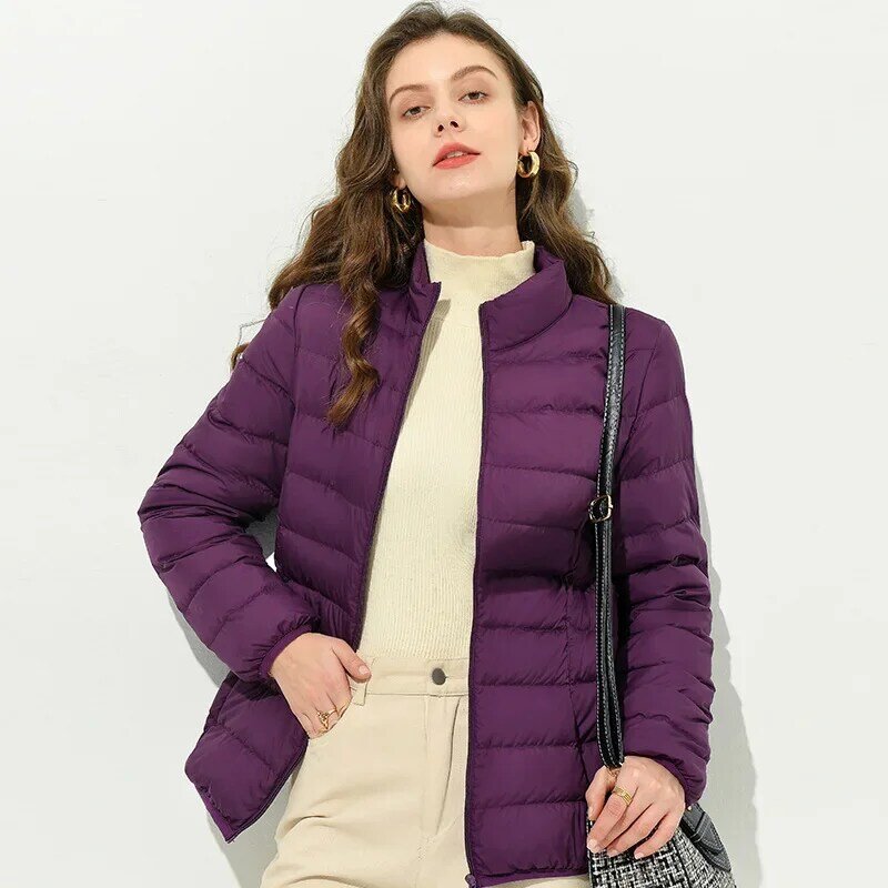 여성용 얇은 화이트 덕 다운 코트, 스탠드 칼라 지퍼, 루즈한 캐주얼 통근 다운 코트, 심플한 단색, 따뜻한 재킷, 용수철 가을
