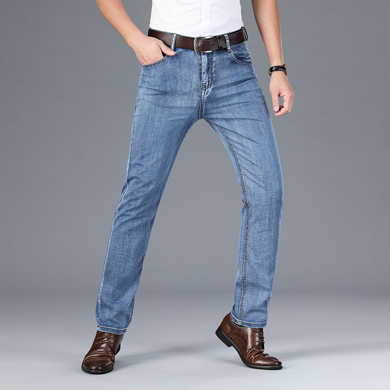 SHAN BAO Musim Semi/Musim Panas 2022 Jeans Denim Lurus Ketat Ringan Merek Bisnis Kasual Jeans Tipis Pinggang Tinggi Pria