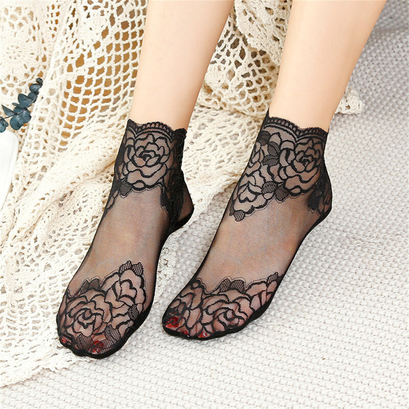 Женские летние модные невидимые тонкие кружевные носки, женские черные сетчатые короткие шелковые носки с цветочным рисунком, сексуальные прозрачные носки по щиколотку в стиле "Лолита" для девушек