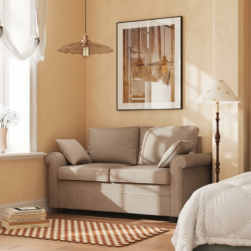 55.5'' Convertible Sleeper Sofa Bed, 2 Seater Loveseat Sofa with Memory Foam Mattress, Apartment, Brown