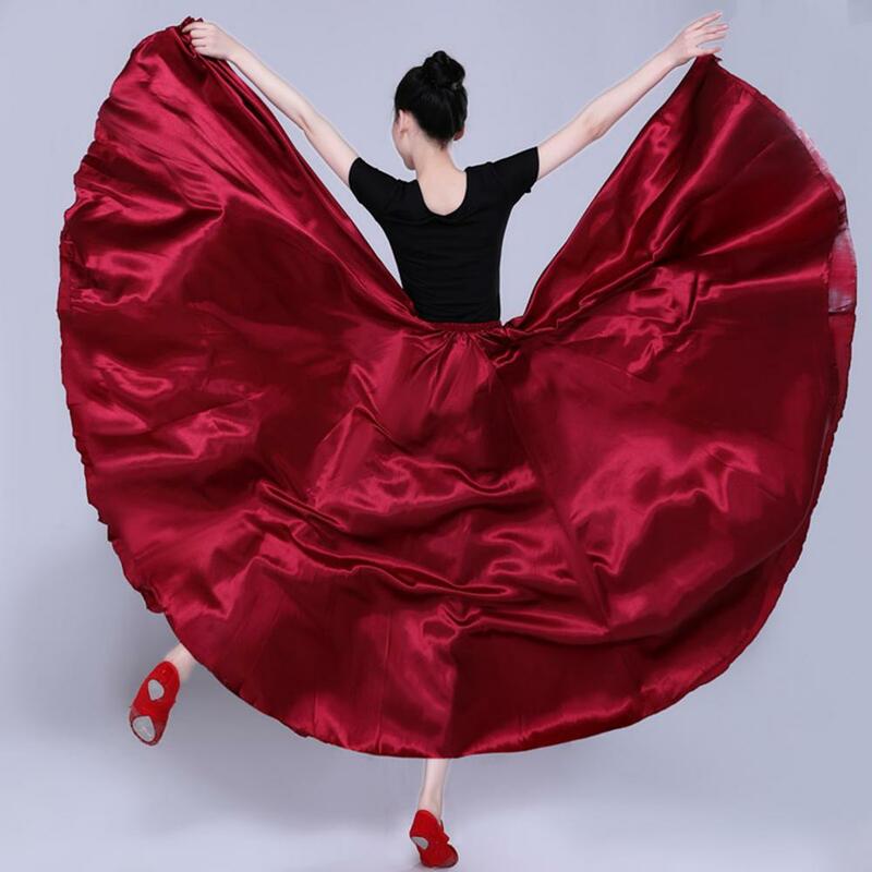กระโปรงเต้นรำกระโปรงยาวผ้าซาตินสง่างามสีทึบอัดจีบเอวสูงกระโปรงเต้นรำท้องสเปน