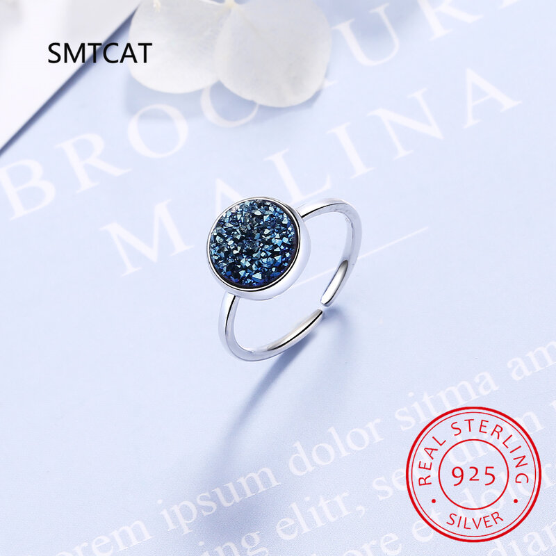 Real 925 Sterling Silver Round Blue Crystal Fragment Dream Star Planet Opening Ring for Women Wedding Party Fine Jewelry DS3515