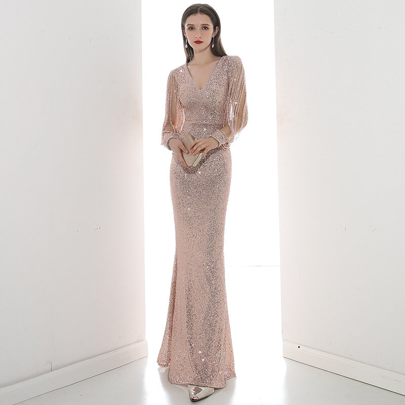 Cocktail Dresses High-end Light Luxury Champagne Color Fishtail Skirt 2024 New Temperament V-neck Glitter Dress