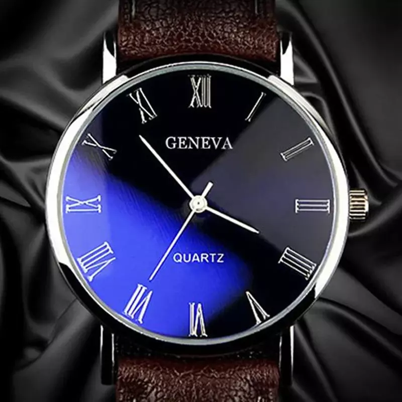 Classic Vintage  Geneva Men Watch Roman Numerals Blu-Ray Faux Leather Band  Analog Business Quartz WristWatch