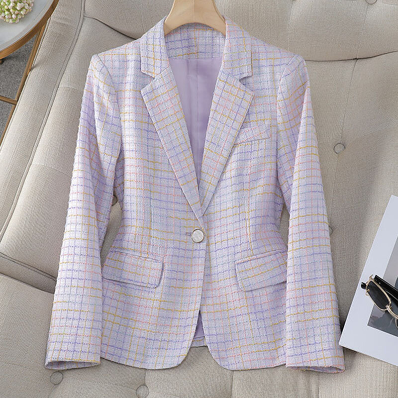 Blazer formal feminino com botão único, terno de treliça, manga comprida, roupa de trabalho, casaco, casacos femininos, tops de escritório, outono, 4XL