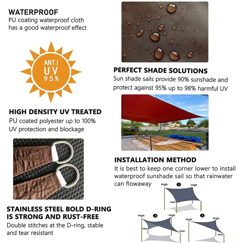 Voile d'ombrage imperméable marron 420D Oxford 98%, bloc anti-uv, abri solaire, pour activités de plein air, auvent de cour, tente de Camp