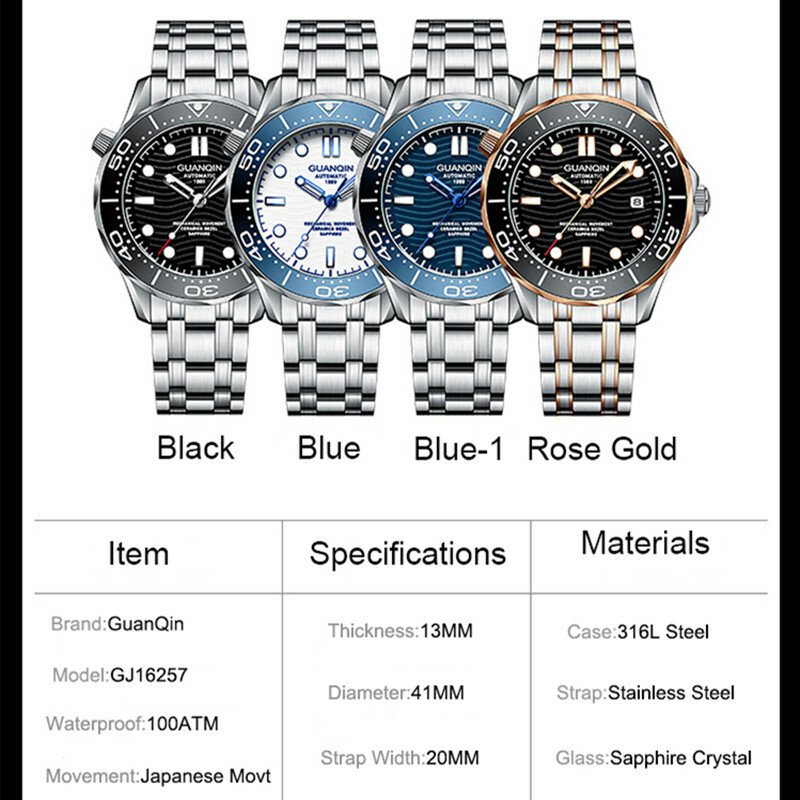 Guanqin Heren Horloges Duiken Automatisch Mechanisch Horloge Voor Heren Saffier Glas 100M Waterdicht Roestvrij Staal Polshorloge Heren