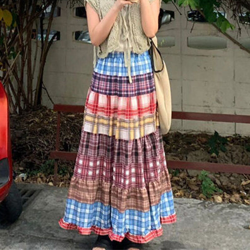 Folkowe spódnice w kratę w stylu Vintage, odzież damska stylowe, kontrastujące kolory wiosenne letnie długie spódnice z wysoką talią