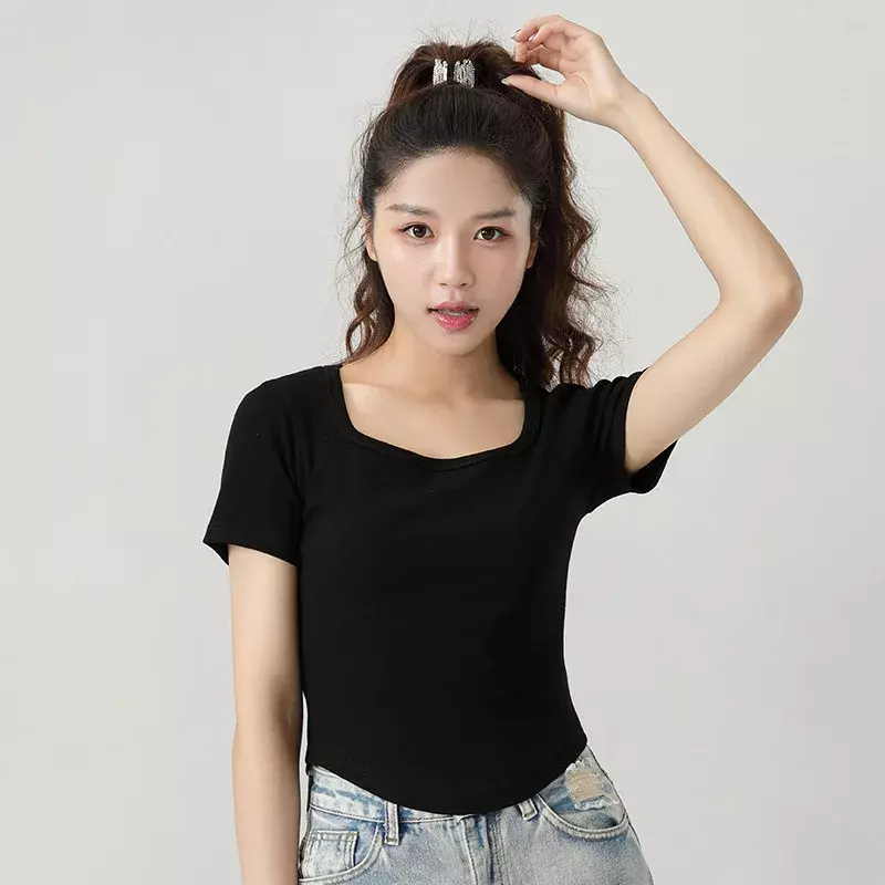 J014   Cotton high-grade U-neck short-sleeved T-shirt women 2023 summer new shoulder loose