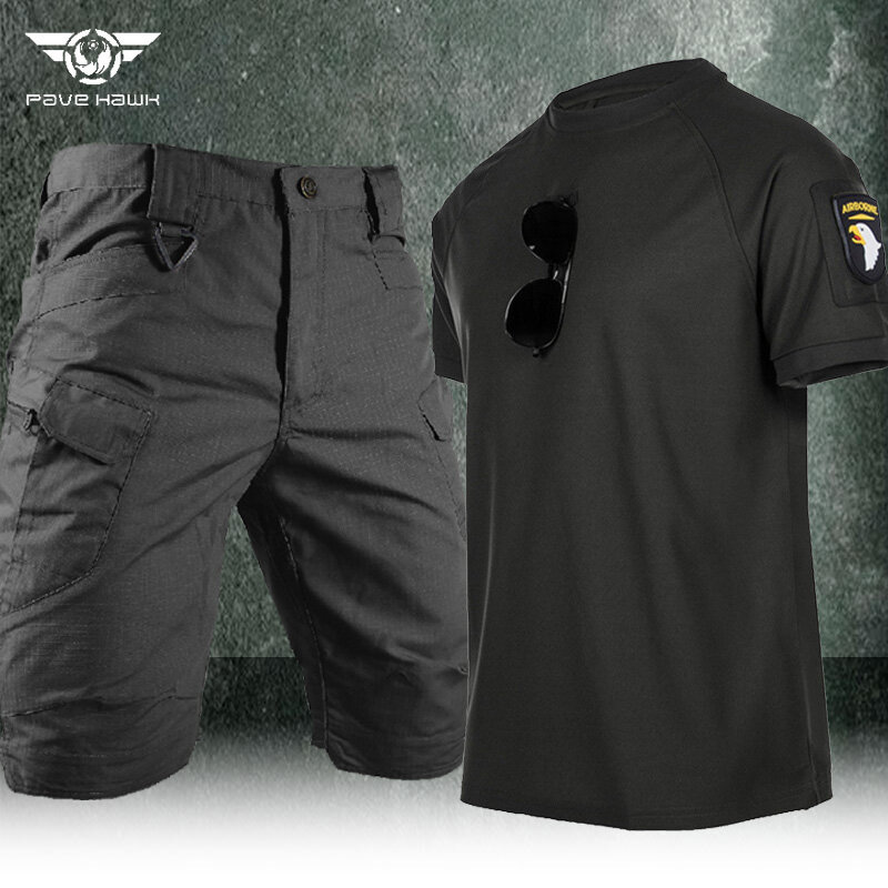 Летние тактические комплекты для мужчин, быстросохнущая дышащая футболка с круглым вырезом и короткими рукавами, Водонепроницаемые шорты-карго с несколькими карманами, повседневный костюм