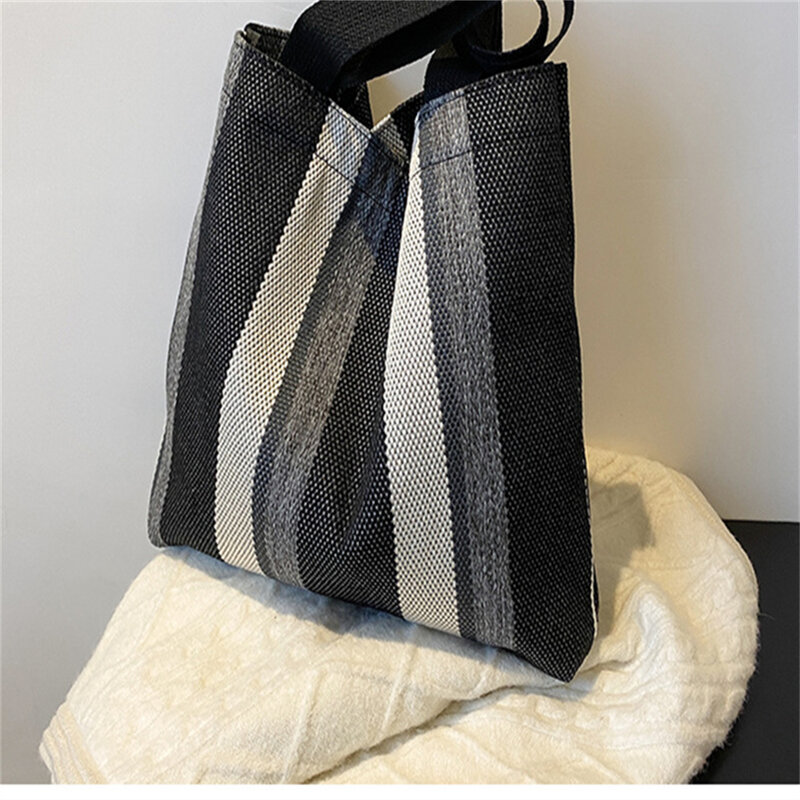 Womenen-Bolso de hombro informal para mujer, bolsa de gran capacidad, a rayas artísticas, blanco, negro y marrón, ideal para compras