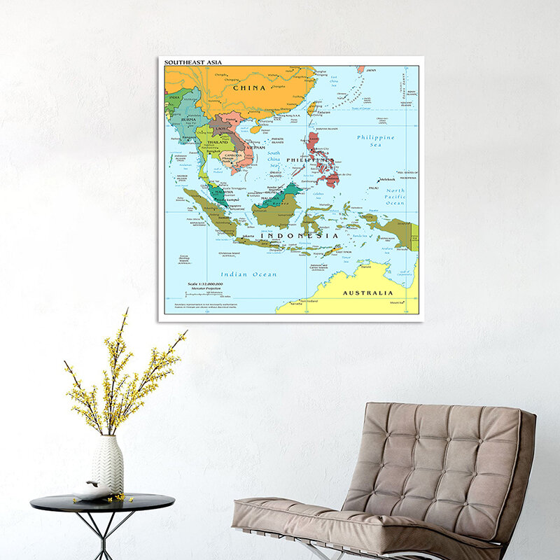 90*90Cm Peta Asia Tenggara Dalam Bahasa Inggris Lukisan Kanvas Non-woven Tanpa Bingkai Poster Dekorasi Rumah Perlengkapan Kelas Sekolah