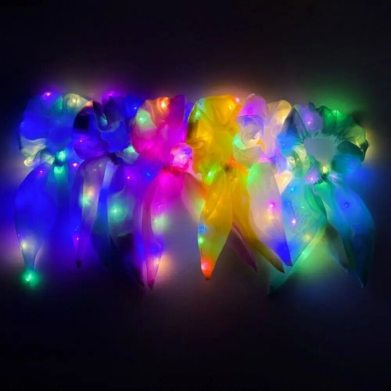 LED Luminous Hair Bands Scrunchies Hair Ties Ribbon Candy Color Light Up Rubber Band Elastic Hair Accessories Girls