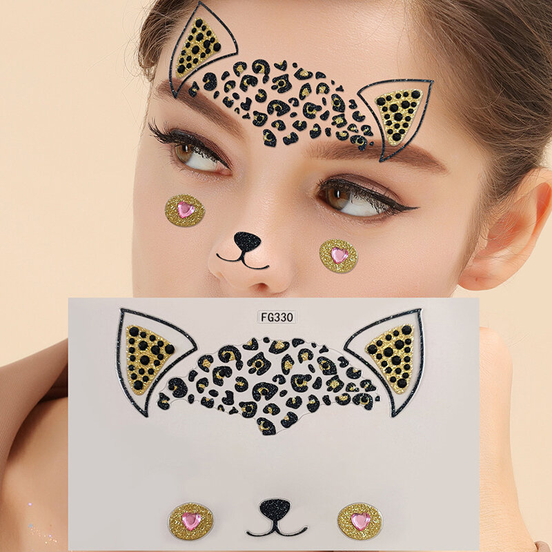 귀여운 고양이 3D 아크릴 라인석 얼굴 스티커, 가장 무도회 파티, 얼굴 메이크업 장식, 임시 문신, 얼굴 페인팅 데칼
