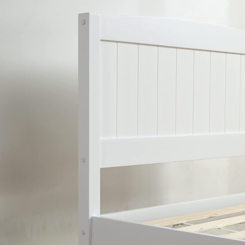 Marco de cama doble de madera con cabecero, cama de plataforma de dormitorio con reposapiés, soporte de listones de madera 12