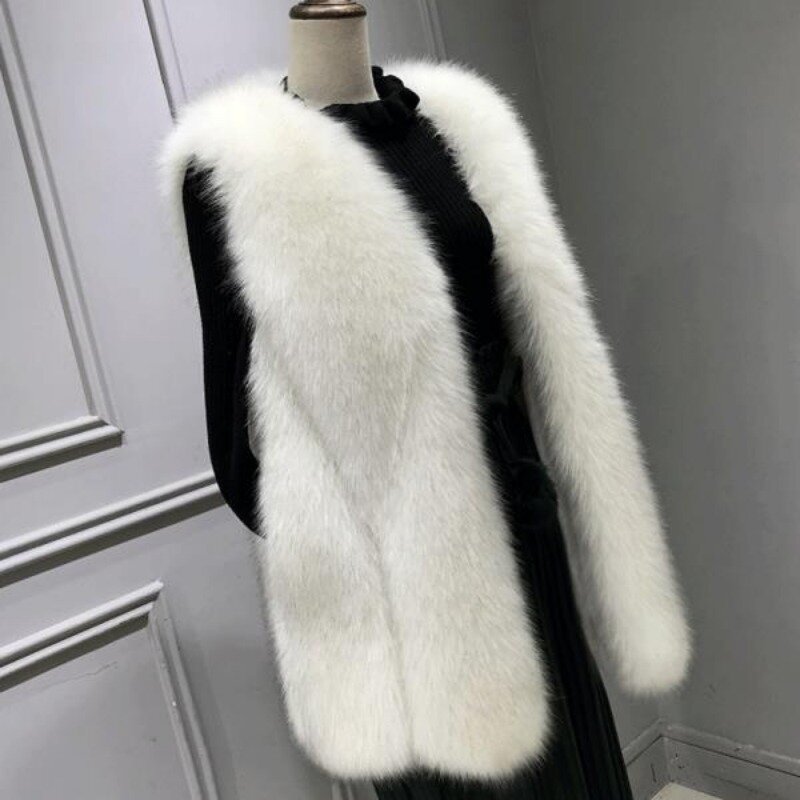 2023 Autumn Winter New Women Faux Fox Fur Coat Mid-Length Waistcoat Fashion Vest Female Casual Keep Warm Temperament Outwear