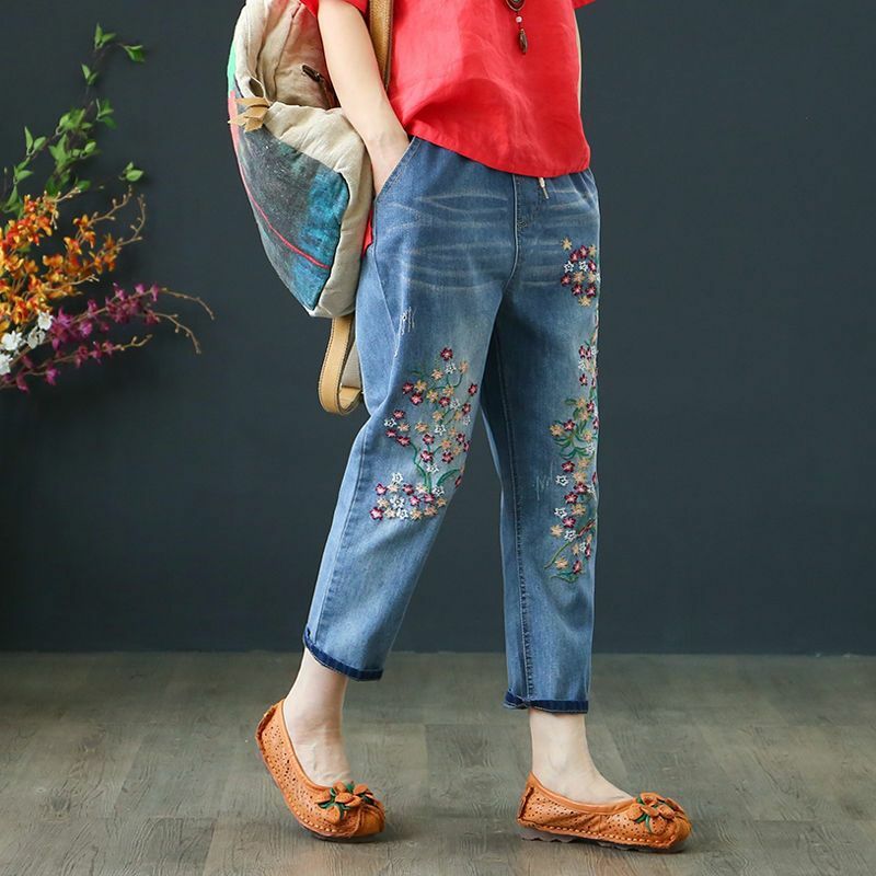 Calça jeans bordada flor feminina, cintura alta, perna larga, calça reta, solta, casual, rua, Harajuku, elegante, tendência
