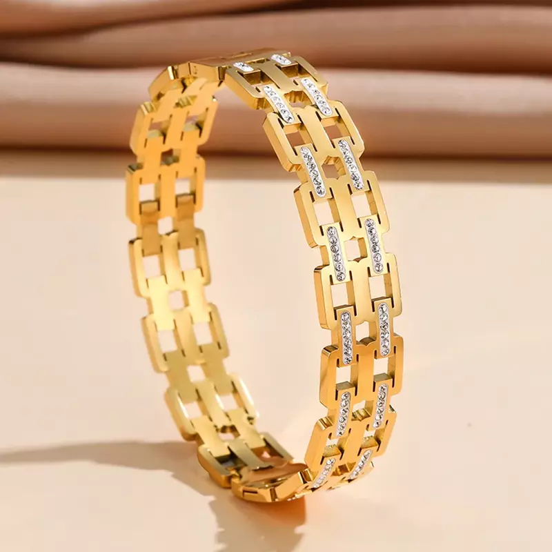 Pulsera de acero inoxidable con diamantes de imitación para mujer, brazalete de doble capa, placa de oro de 18K, Joyería Moderna