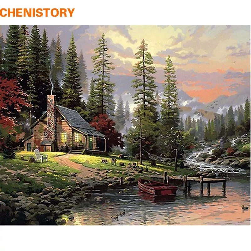 CHENISTORY – toile de paysage peinte à la main avec les chiffres, décor de maison, tableau d'art mural Unique, 40x50cm, campagne