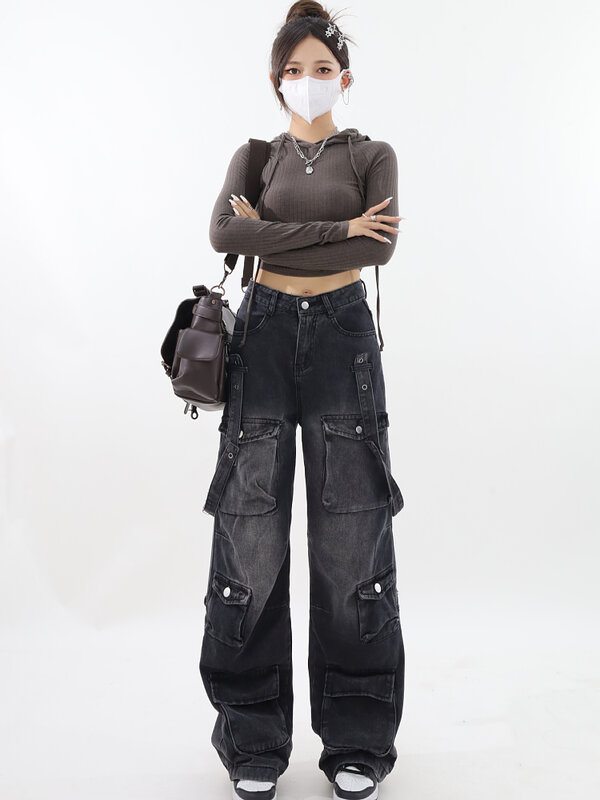 Vrouwen Vintage Gothic Cargo Jeans Y 2K Wijde Pijpen Denim Broek Oversized 2000S Hoge Taille Jeans Koreaanse Baggy Broek 90S Jeans
