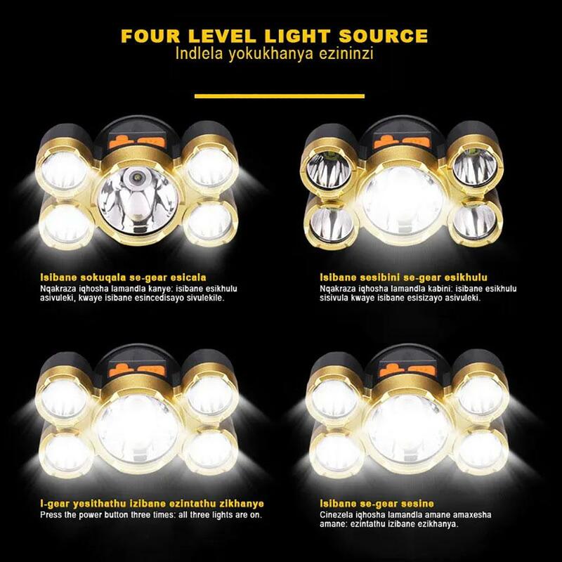 Lampu depan tahan air 5LED, lampu depan Usb dapat diisi ulang Super terang lampu malam darurat untuk berkemah luar ruangan