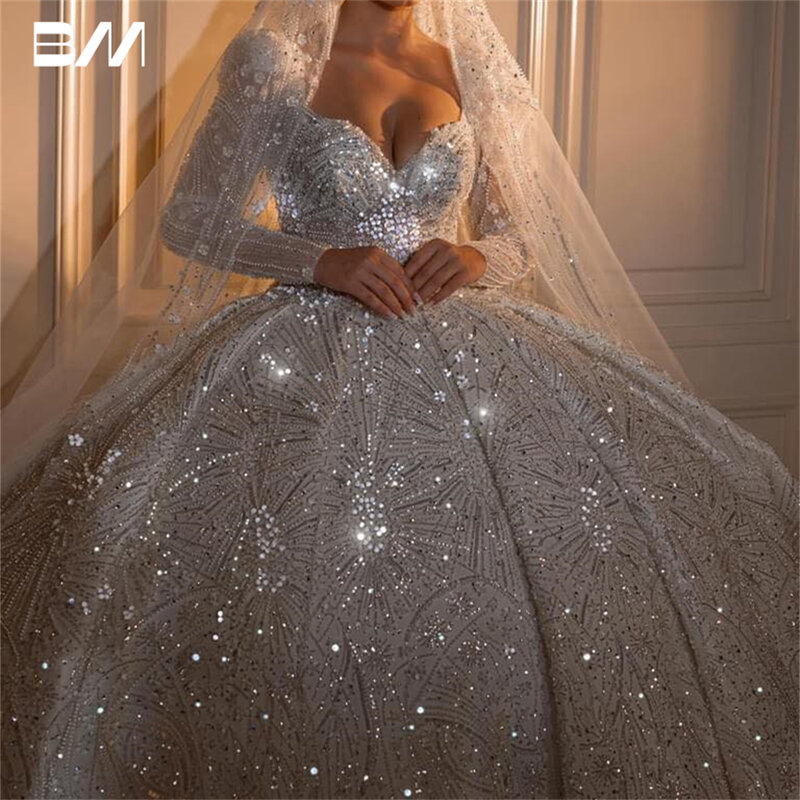 Платье невесты с блестками и длинным рукавом-фонариком, 2024