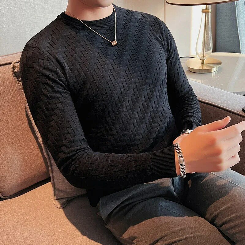 Stretch Jacquard Weaving Sweater/ High-quality Mens Solid Color Crew-neck Oblique Fringe Slim Fit Casual Warm Knitting Pullovers