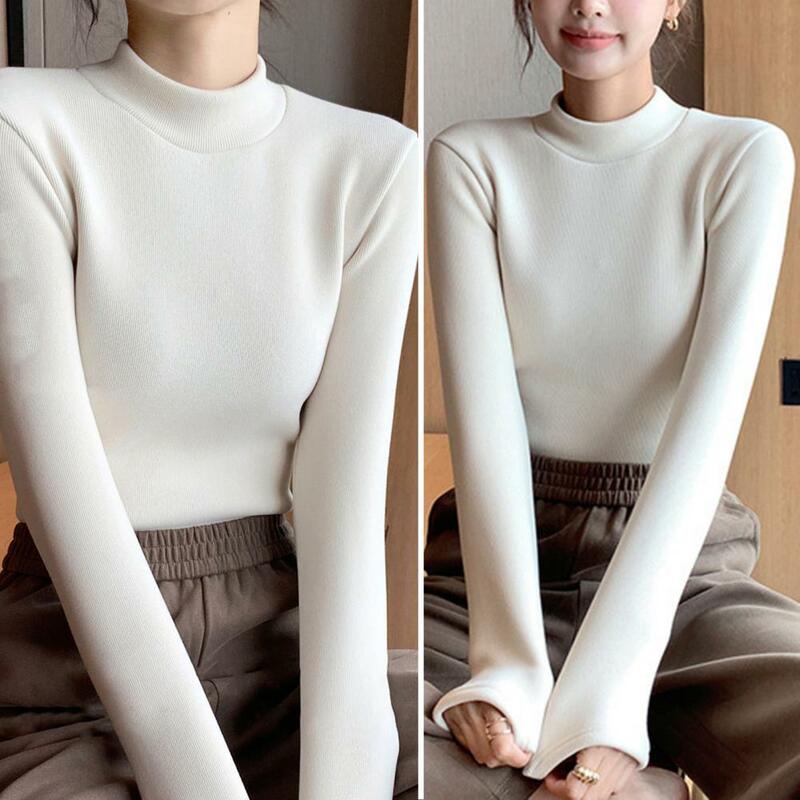 Regular-fit Women Top Women Thermal Tops Elegant Thicken Velvet Lined Winter Sweater Slim Fit Knitwear Jumper with Half High