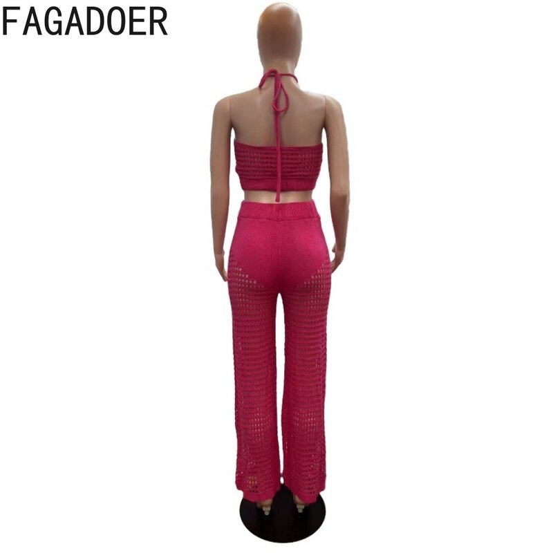 FAGADOER Rose Red Sexy Hollow Out Knitting Two Piece Sets Women Round Neck Sleeveless Crop Top And Pants Outfits Female Clothing