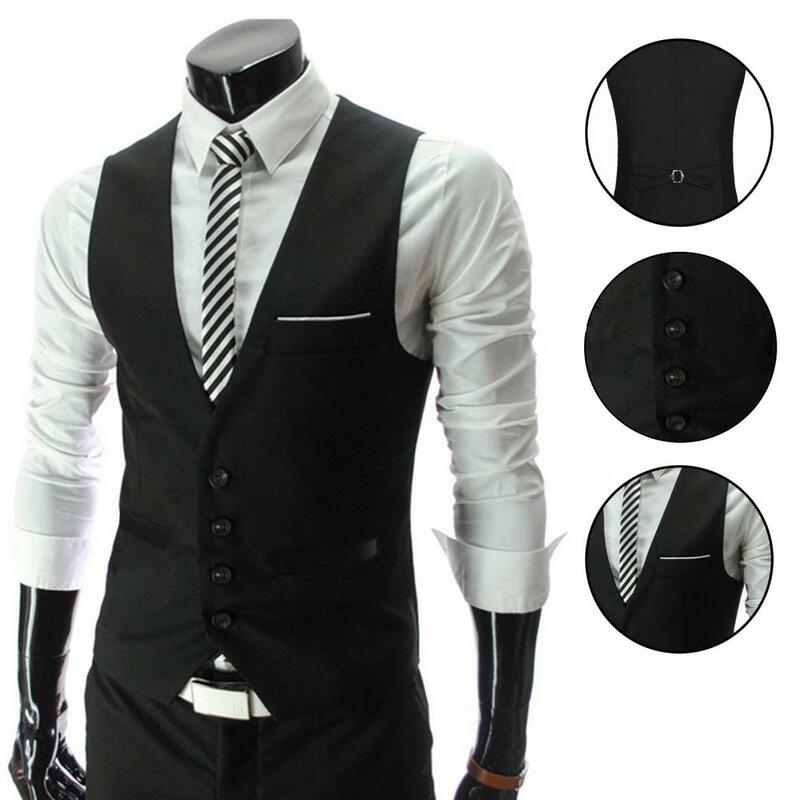 Suit Vest Men Solid Color Formal Sleeveless Pockets Business Vest Workwear Simple Workwear