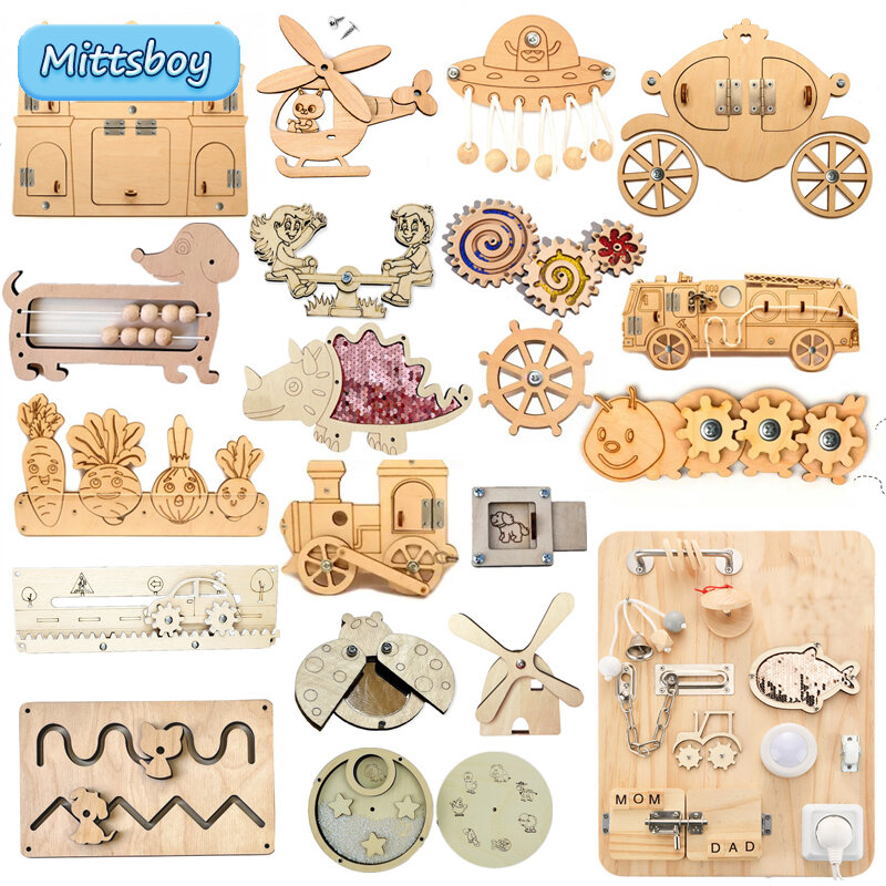 New Busy Board Accessories Montessori Wooden Toy Carriage Castle Slide Robot Educational Toy Early Education Training Toy Gifts