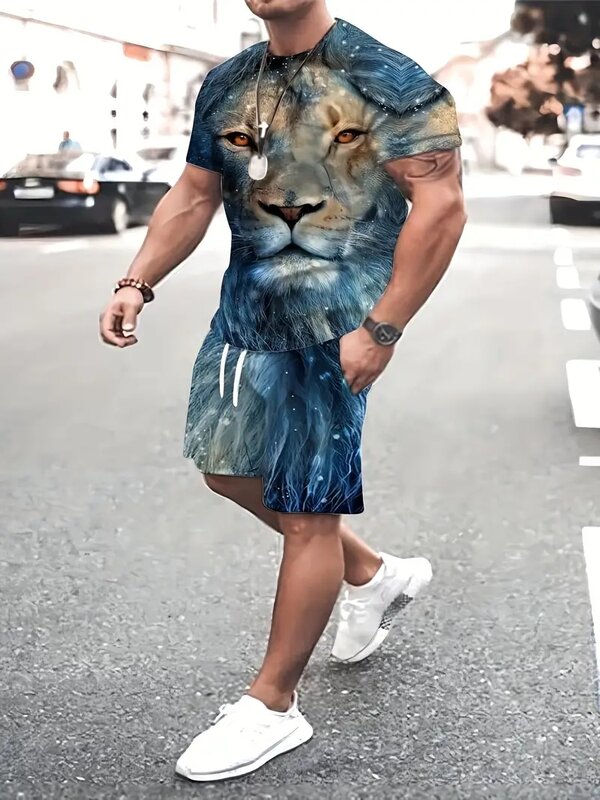 Мужской комплект из двух предметов, повседневная и удобная летняя уличная одежда с графическим принтом синего льва, мужской костюм в новом стиле для лета