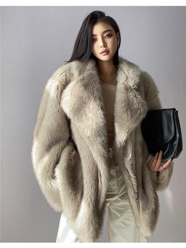 Пальто женское однотонное осенне-зимнее утолщенное теплое пальто средней длины с V-образным вырезом и мехом для защиты окружающей среды