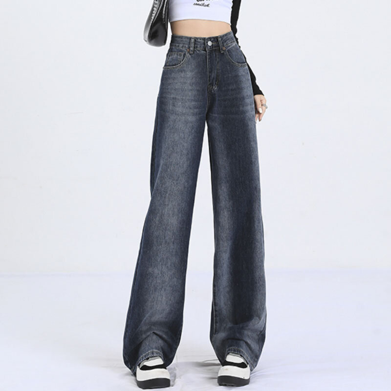 Y2K Gradient niebieskie jeansy damskie z wysokim stanem z szerokimi nogawkami jesień 2023 eleganckie Y2K Streetwear spodnie damskie