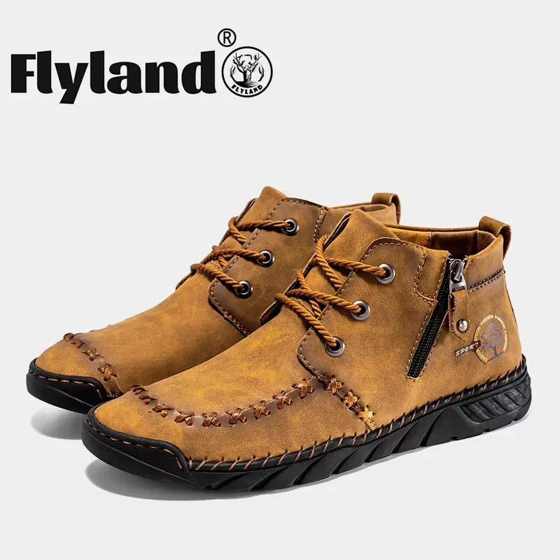 Flyland Hoge Kwaliteit Handgemaakte Heren Echt Leer Toevallige Laarzen Ademend Wandelschoenen Warme Laarzen Rijden Schoenen Plus Size 48