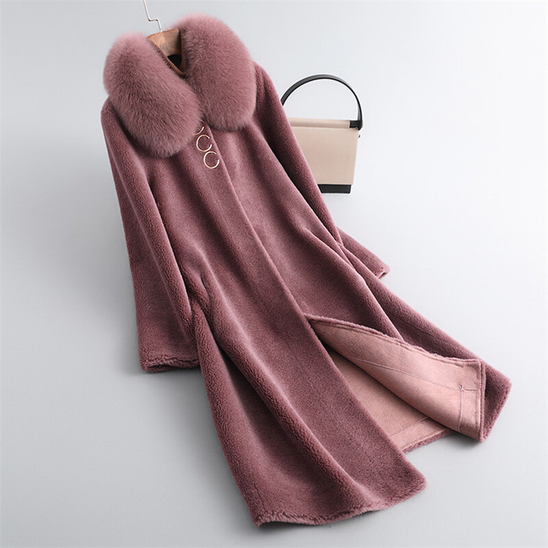 Aith-女性のための本物のウールの毛皮のコート,冬の毛皮のコート,暖かい女性,本物のキツネの襟,パカのトレンチコート,193